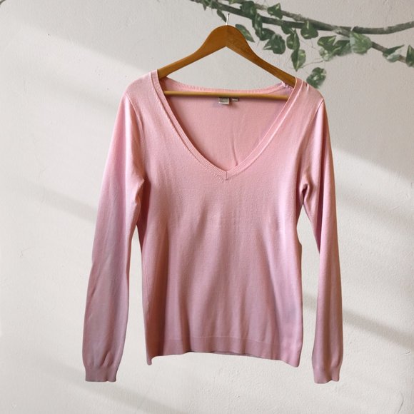 Simons Sweaters - Simons PInk Ribbed Trim V-Neck Sweater Top, Size Medium